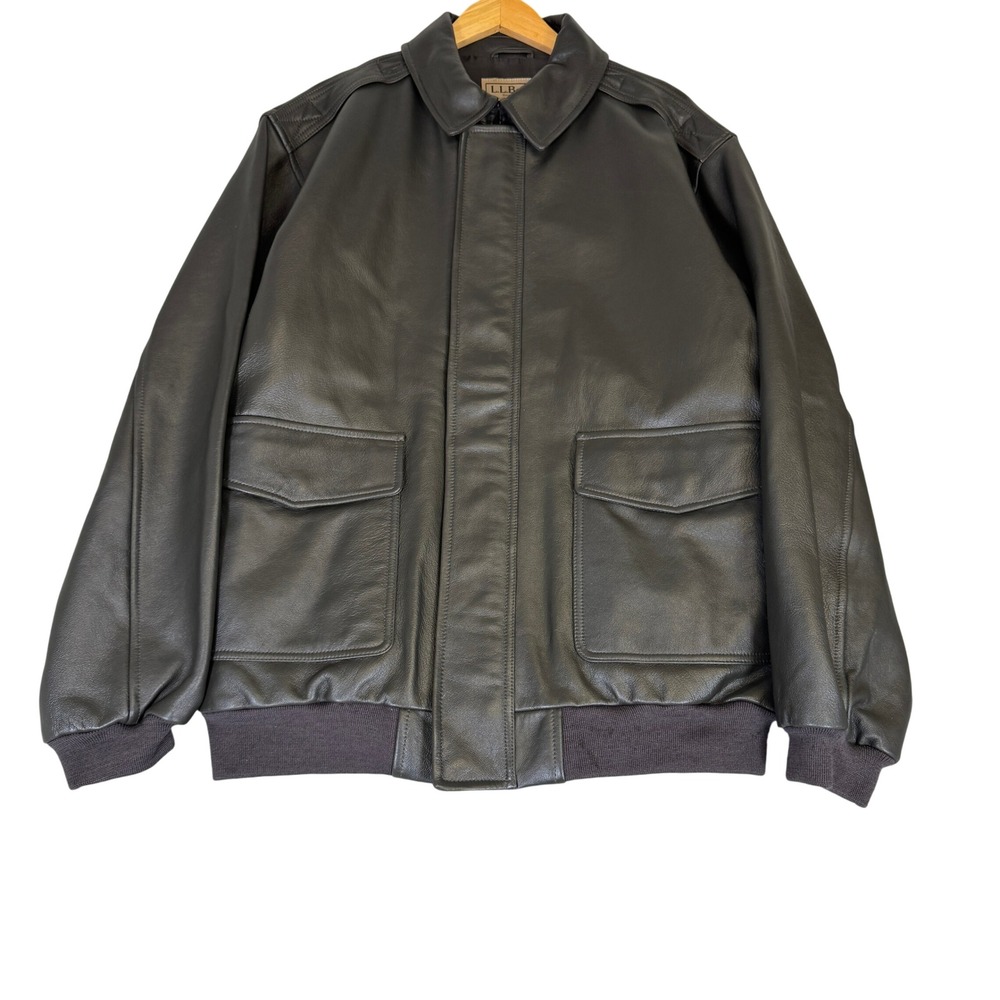 NWT LL Bean Goatskin Leather Bomber Jacket Mens XL Tall Brown Wool Accents